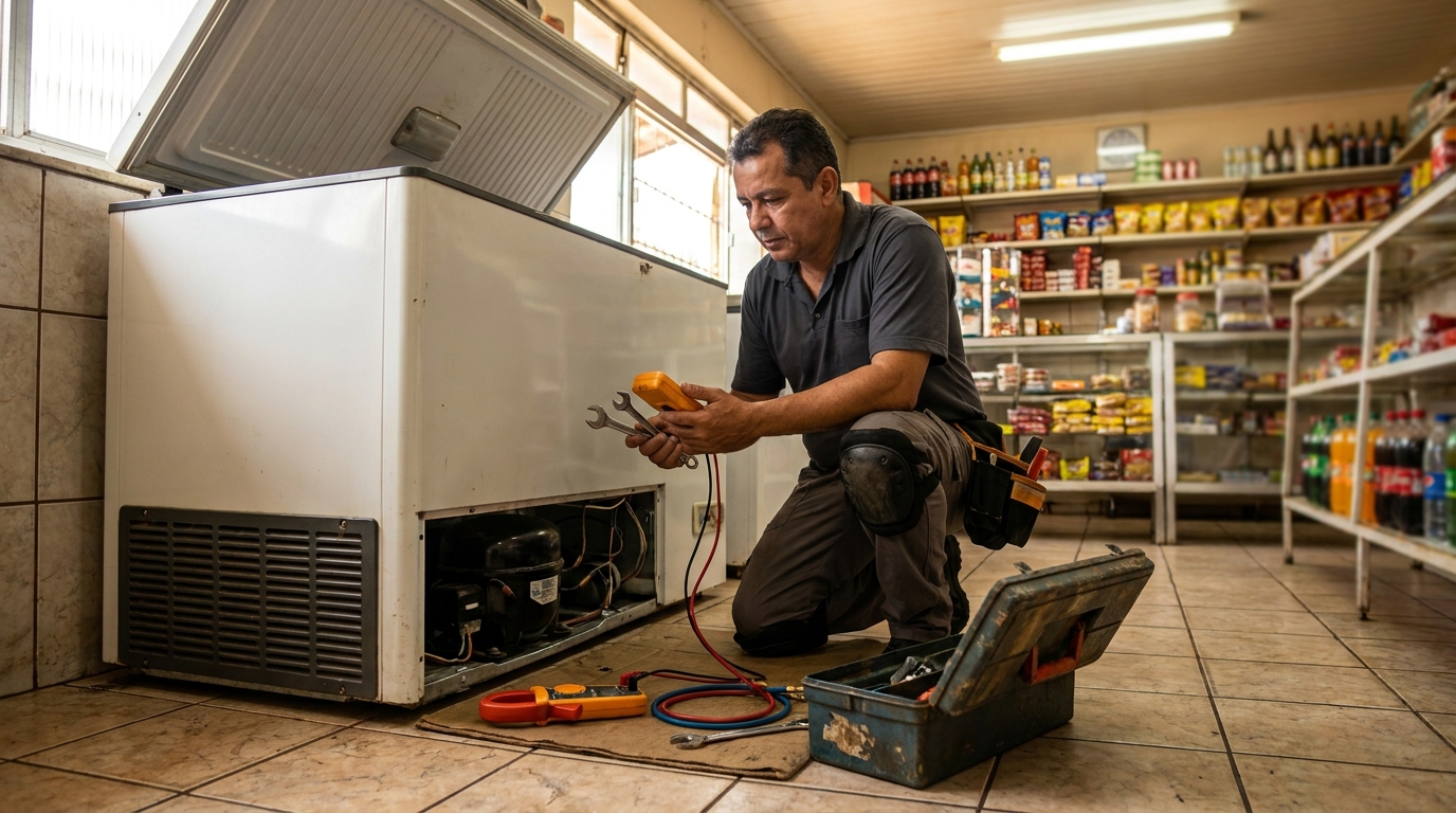 Técnico realizando manutenção de motor de freezer em Cascavel‑PR