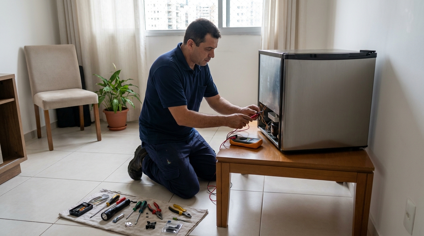 Técnico realizando manutenção de motor de frigobar em Cascavel‑PR