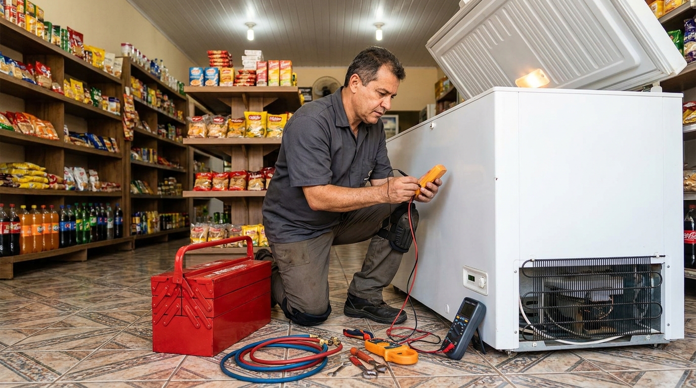 Recarga de gás refrigerante em freezer em atendimento em Cascavel‑PR